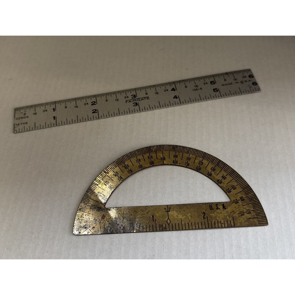 Vintage Brass Protractor And 6” Metal Ruler Fairgate Drafting Tools